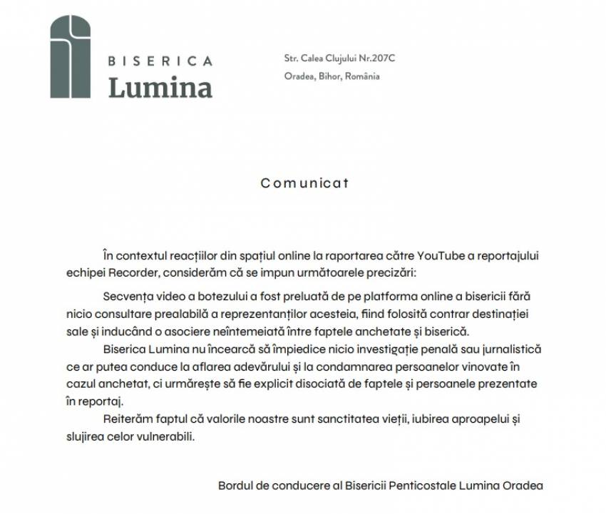 Biserica Lumina Oradea: COMUNICAT