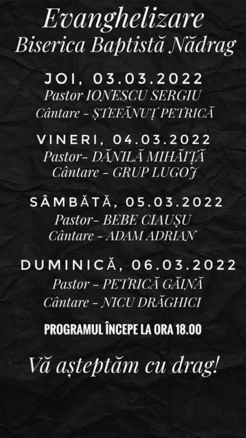 Seri de evanghelizare la Biserica Baptistă Nădrag