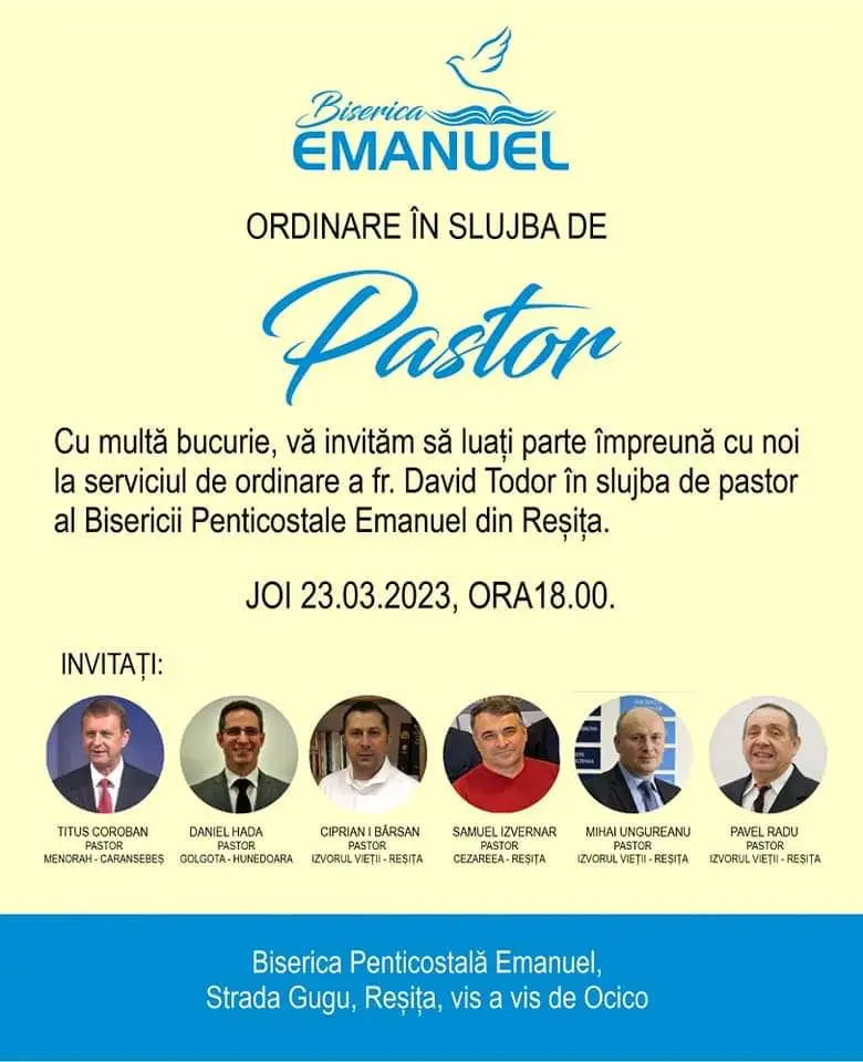 Ordinarea pastorului David Todor la Biserica Emanuel Reșița