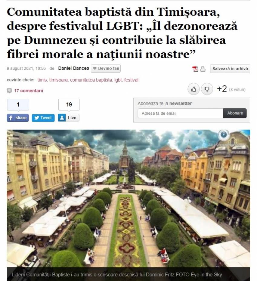 Adevărul.ro: Comunitatea baptistă din Timişoara, despre festivalul LGBT: „Îl dezonorează pe Dumnezeu