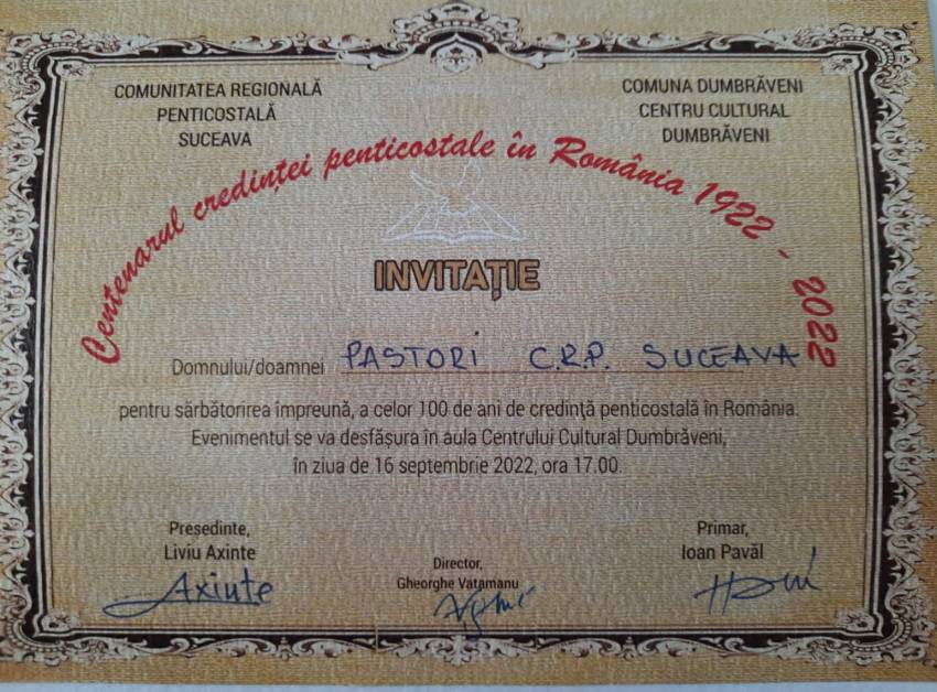 Centenarul credinței penticostale sărbătorit la Centrul Cultural Dumbrăveni