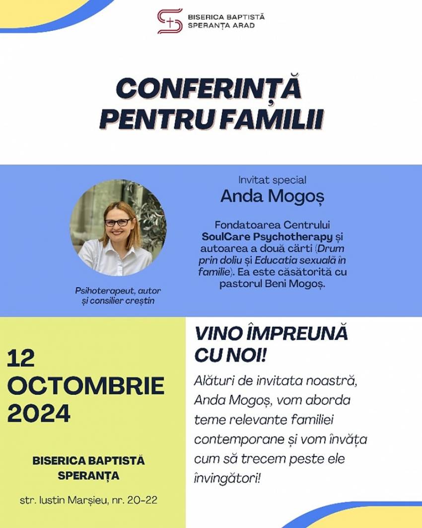Conferință pentru familii cu Anda Mogoș la Biserica Speranța Arad